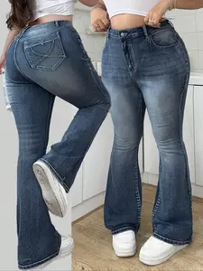 Women's Hand Embroidered Flare Jeans, Elegant Fashion Elastic Washed Denim Jeans, Casual Long Plain Pattern, All Seasons Wear