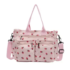Women's Corduroy Shoulder Tote Bag - Cute Strawberry Print Convertible Crossbody with Fixed Top Handles, Multiple Pockets, Zipper Closure, Practical College Totebag Purse for School