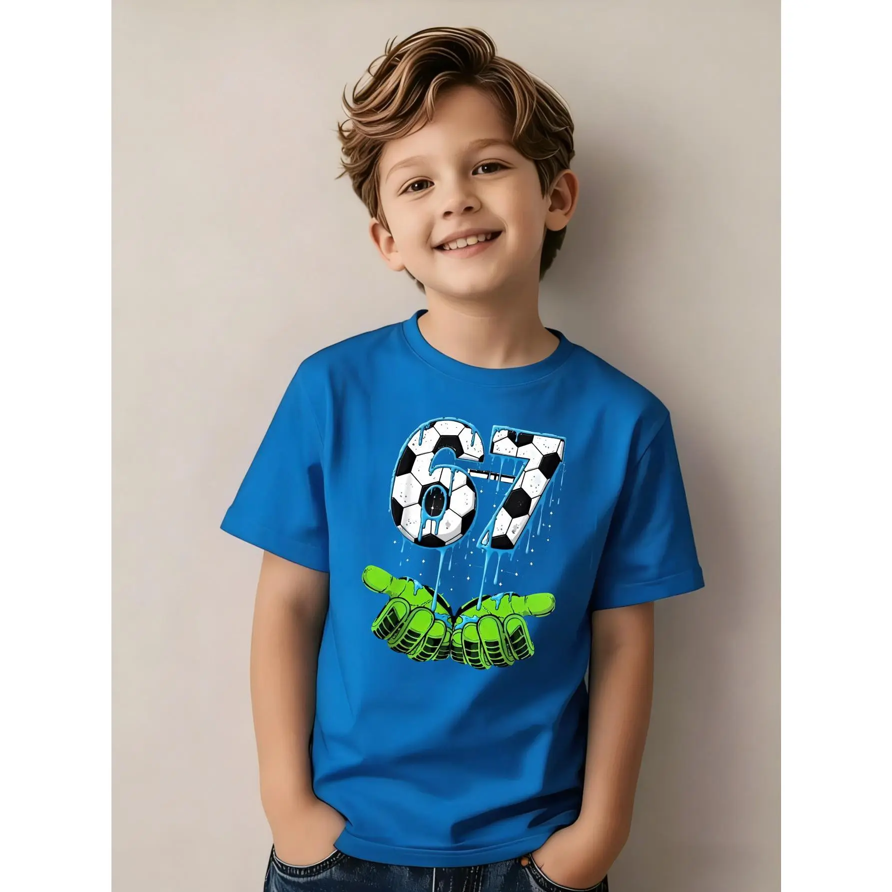 67 Graphic Print Unisex Kids' T-Shirt - Soccer Ball & Gloves Themed Cute School Top, Stocking Stuffer for Teens (Boys & Girls)