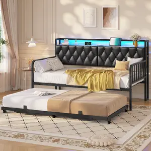 ADORNEVE Upholstered Daybed with Metal Trundle, Twin-to-King Conversion, Charging Station, LED Lights & Hidden Storage Headboard for Living Room, Bedroom