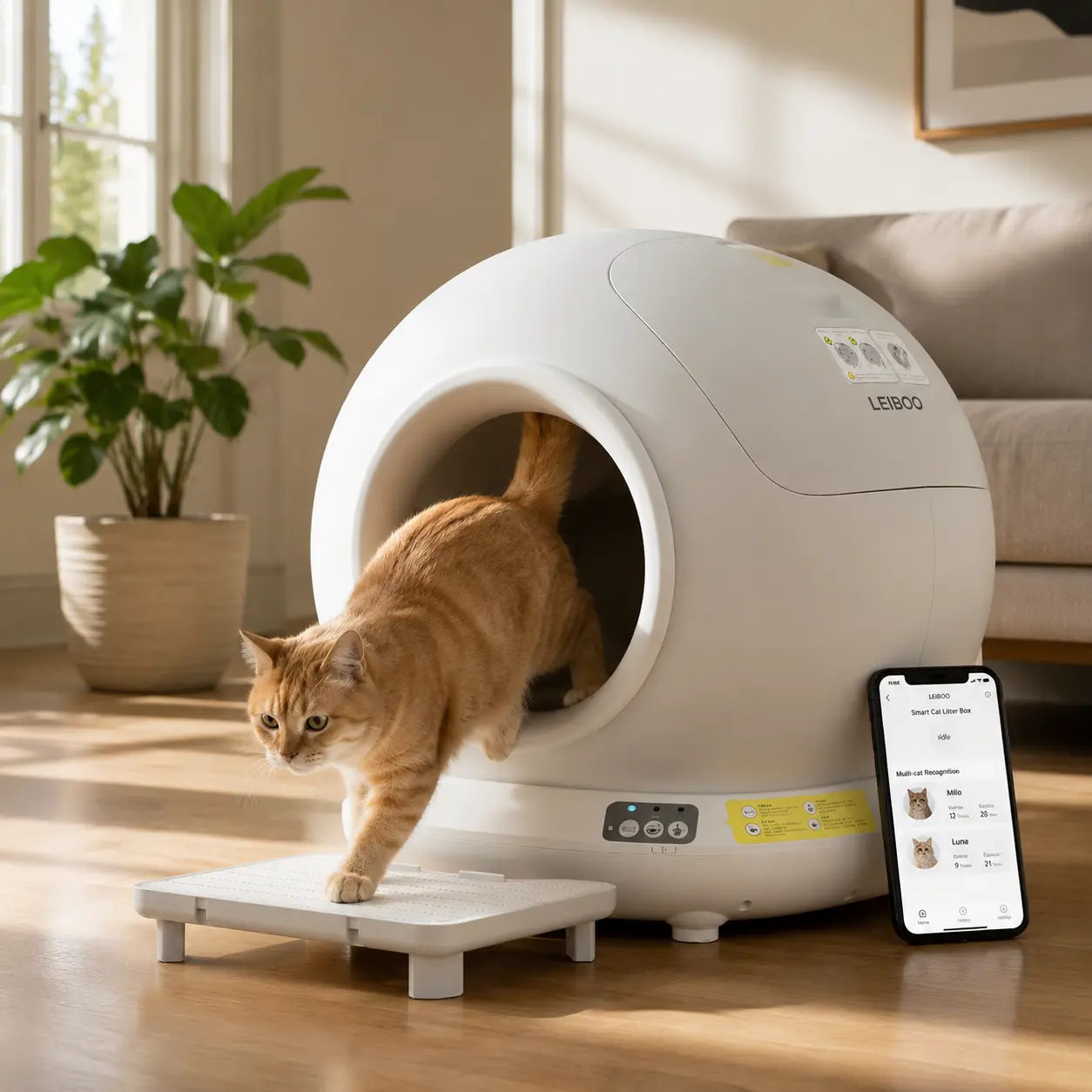 Spherical Fully Automatic Smart Cat Litter Box with App Remote Control, Multi-Cat Recognition, Fully Enclosed Odor Control, Anti-Splash, Automatic Scooper, Large Space Home Cat Toilet