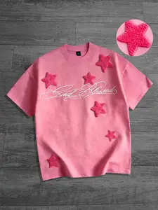 Towel embroidered pentagram short sleeved men's and women's t-shirts with cotton, summer pink short sleeved men's aesthetic geometric shirt, European and American street trendy cool fashionable casual short sleeved shirt, 2026 summer new simple t-shirt Y2