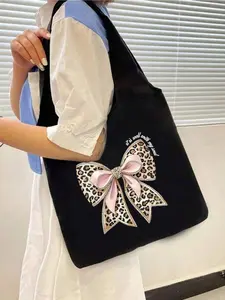 Leopard Print Bow Tie Canvas Shoulder Bag, Black Print Vest-Style Tote Bag And Black Pouch, Can Be Used As Personalized Bridesmaid Gift Bag, Minimalist Travel Storage Bag, Solid Color Cosmetic Bag