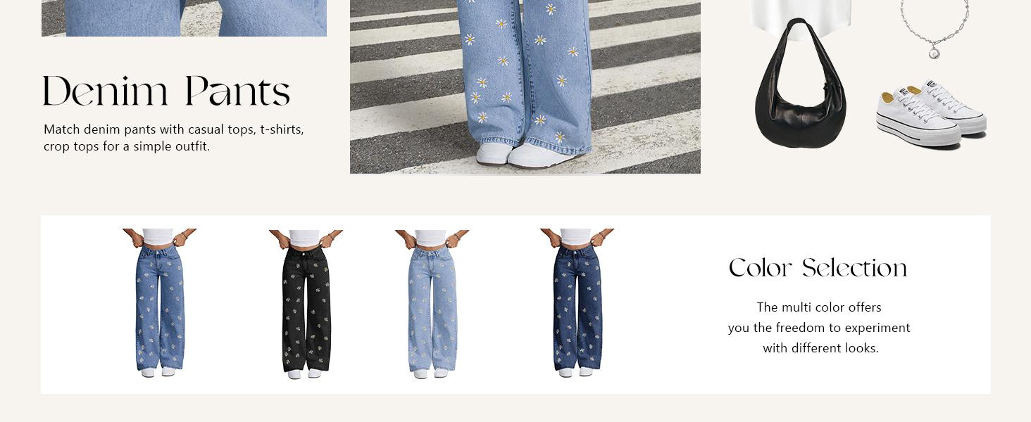 Ebossy Women's High Waist Wide‑Leg Denim Palazzo Pants, Daisy Floral Embroidery, Long Trousers With Pockets