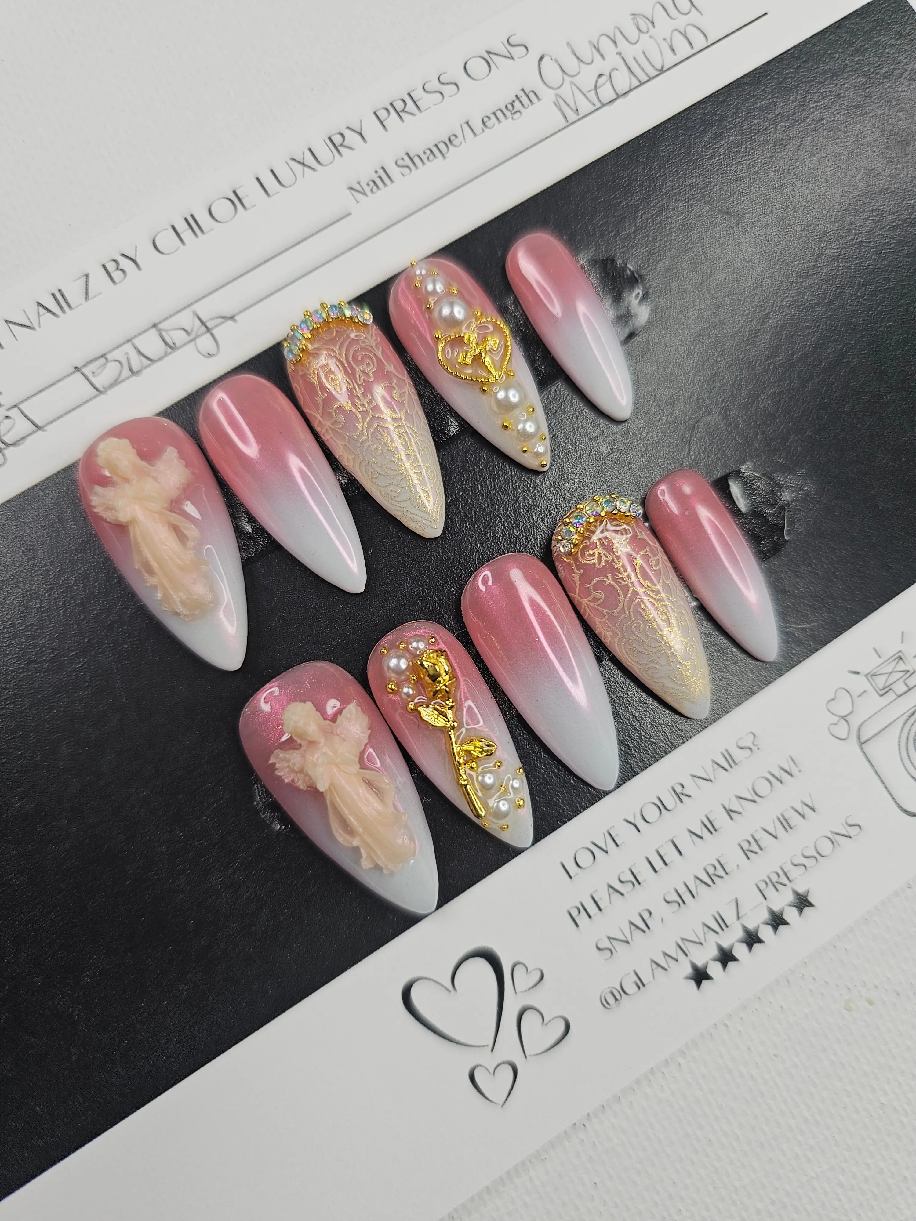 Angel Luxury - 3D Angel & Gold Charm Press-On Nails (Medium) | Glam Nailz By Chloe
