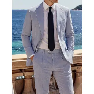 Menswear Men's 2-Piece Bubble Gauze Summer Slim Fit Outfits Suit Groom Sear Sucker Suit Suitable for Wedding & Outfits Fashion