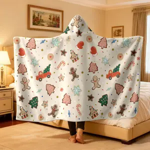 1 piece Christmas themed hoodie blanket Wearable blanket Gingerbread Man Gingerbread House Christmas red truck candy crutches Snowflake elements Soft and comfortable bedroom Living room sofa cover blanket camping blanket Christmas gift Cozy Hooded Blanket