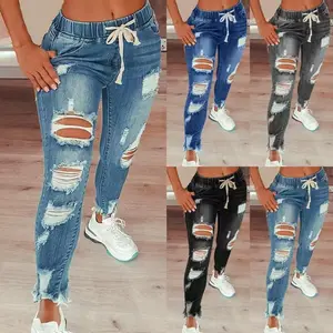 Women's trendy high waist ripped elastic waist drawstring jeans riden jeans perfect  jeans Pants Denim