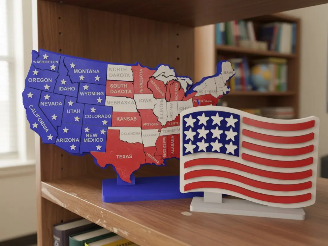 U.S.A 250th Anniversary Custom Flag Map Display Model with Stand Plus American Flag Display Model Bundle