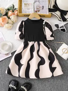Young Girls Knitted Patchwork Geometric Print Woven Dress, Stylish Casual Wear, Perfect for Daily, Comfortable and Trendy, Turtle Neck Dress
