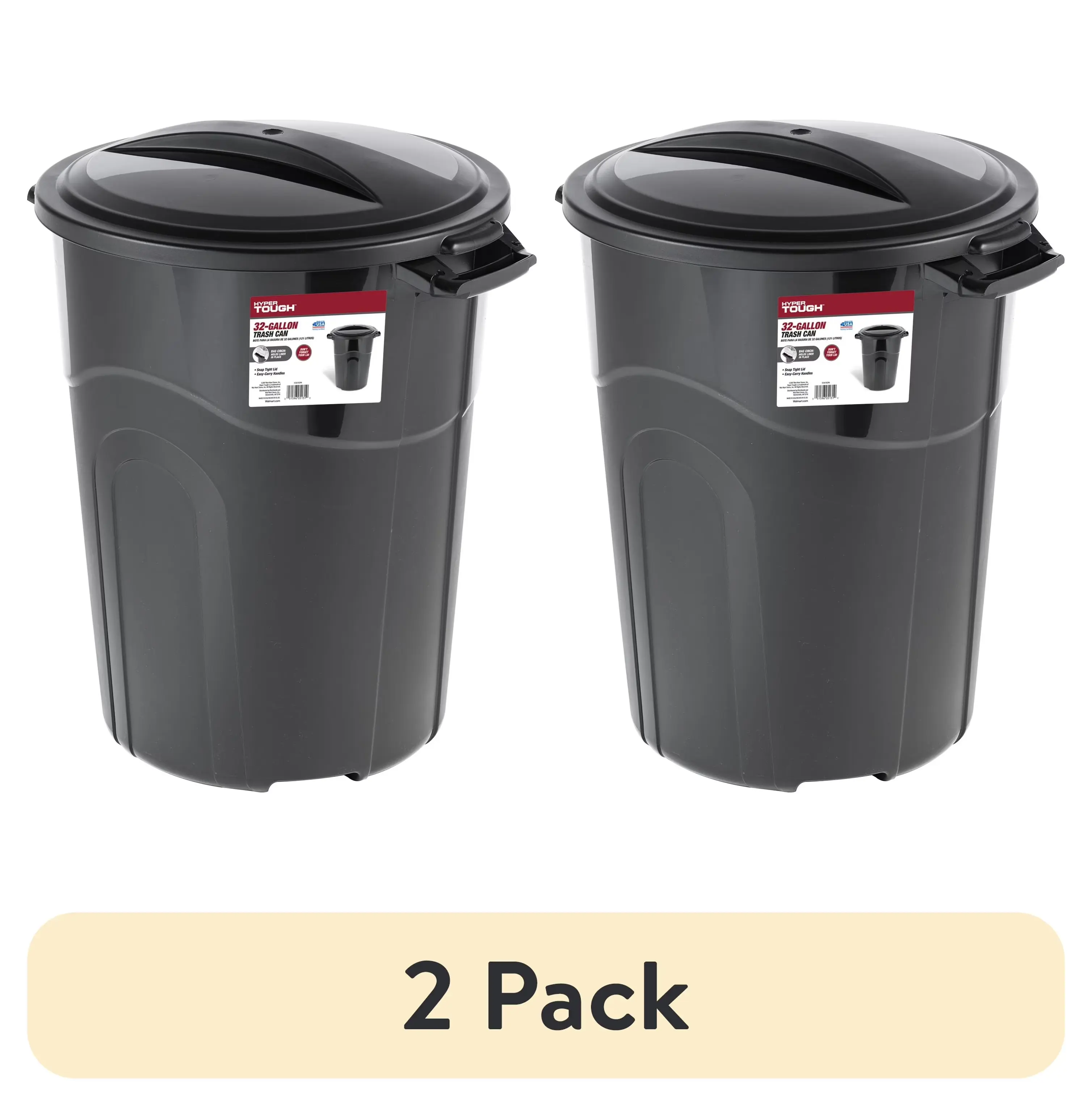 (2 pack) 32 Gallon Heavy Duty Injection Molded Trash Can with Click Lock Lid