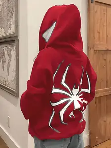 Unisex Red Pullover Hoodie with Large Spider Back Graphic Print and Eye Details, Trendy Gothic Apparel, Perfect for Halloween and Cosplay Events
