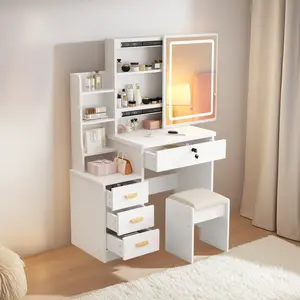 Modern Vanity Desk with Mirror and Lights, Makeup Station Set with 4 Drawers, Stool and Hidden Shelves, Adjustable 3-Color Brightness, Elegant Dressing Table for Bedroom Glamour & Home Decor