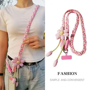 Mobile phone lanyard can be carried on the back of the long flower hand-woven rope for women, strong and durable outdoor anti-lost rope