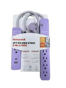 Honeywell 2-in-1 Pack Power Strips - 6 AC Outlets Surge + 3 AC 2 USB Strip (1 USB-A + 1 USB-C 2.1A) - Pink
