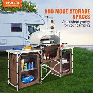 【Summervibes】VEVOR Camping Kitchen Table, Folding Outdoor Cooking Table with Storage Carrying Bag, Aluminum Cook Station 3 Cupboard & Detachable Windscreen, Quick Set-up for Picnics, BBQ, RV Traveling, Brown