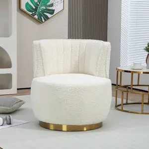 360 Degree Swivel Barrel Chair, White Teddy Modern Accent Chair, Round Upholstered Comfy Side Chair, Sherpa Chair with Gold Base for Nursery, Living Room, Bedroom, Office, Waiting Room, Hotel, White