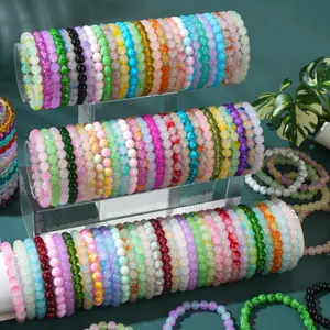 10Pcs Elegant Glass Bead Elastic Bracelet Set, Multi-Color Flower Charms, Adjustable, Perfect for Valentine'S Day, Birthday Party, Great for