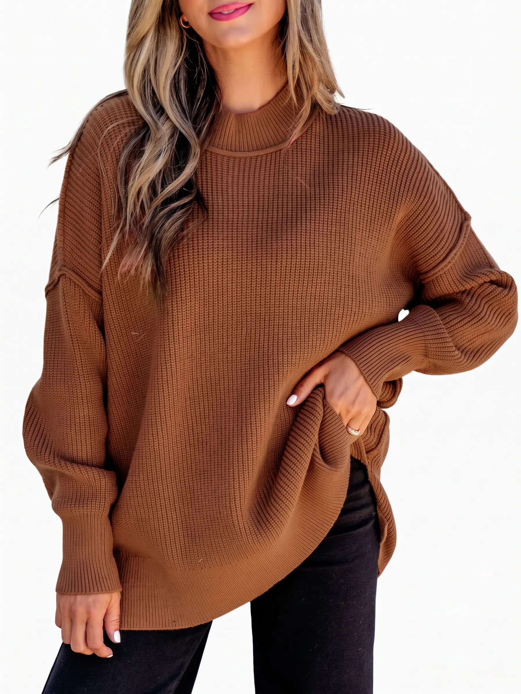 Women's Mock Neck Ribbed Knit Sweater Long Sleeve Drop Shoulder Side Slit Pullover Jumper Tops Casual Bag