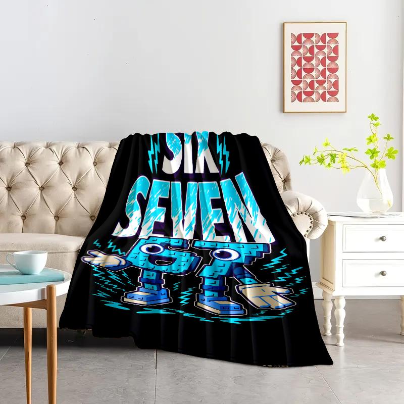 Blue-Black Color Block "67" Number Robot Lightning Flannel Blanket A warm nap blanket Lightweight Warm Ideal for Sofa Bed Travel Camping Living Room Multiple  Perfect Gift for Family and Friends