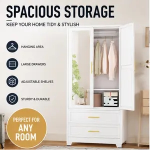 EROSOEI 71-in Metal Wardrobe Closet Storage Cabinet with Steel Frame, 2 Drawers, Hanging Rod, Adjustable Shelves, Floor Stand for Bedroom Entryway (Assembly Required)，bedroom armoire，metal armoire wardrobe closet，full-length mirror