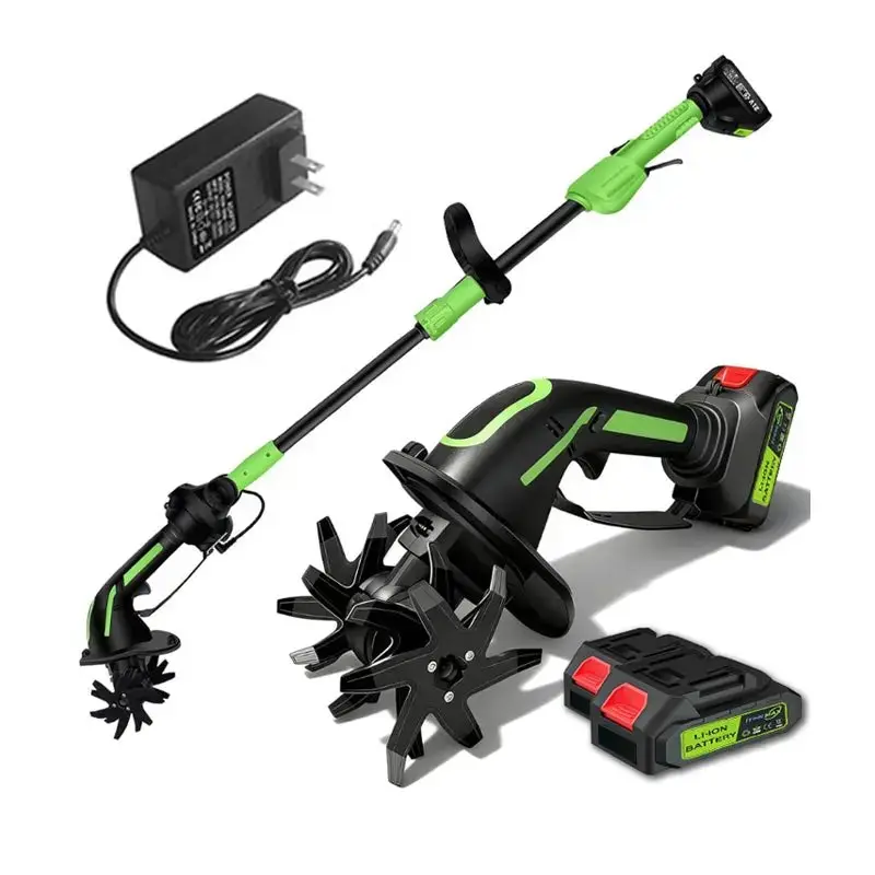 2-IN-1 Cordless Power Tiller & Cultivator Gardening Tool, 51.8-in Extendable Pole, 2.55-in Thick Steel Blades, 2 Batteries, Charger, 2.6 lbs, 1-Hand Control, 60+ Min Long Runtime, Cordless Freedom for Flower Beds