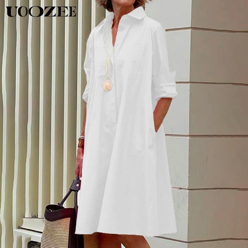 UOOZEE- LIVE Women's Long Sleeves Solid Color Lapel Maxi Dresses Midi Dresses Summer White