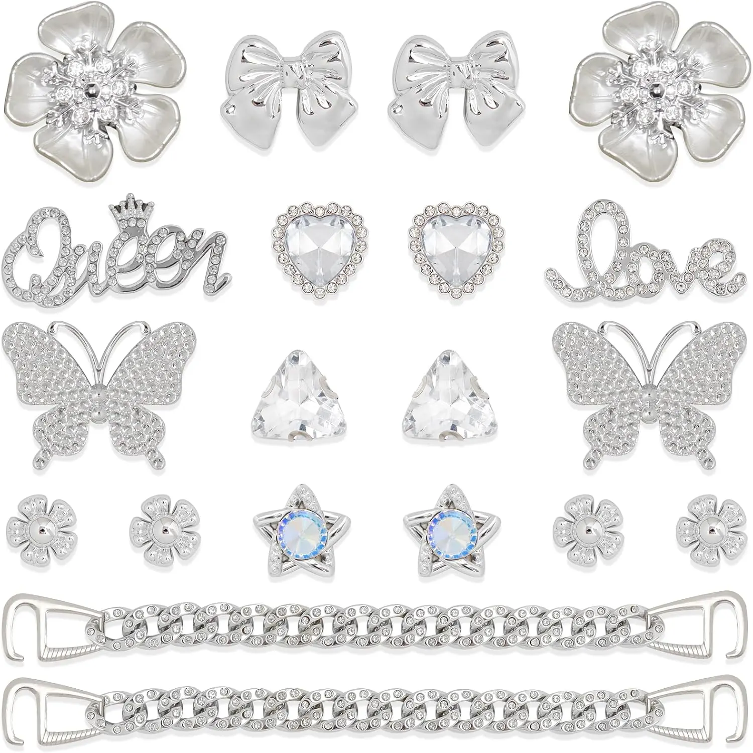 20 Pcs Silver Shoe Charms Chain Accessories for Women Butterfly Flower Pearl Clog Shoe Decoration Charms Rhinestone Shoes Charm Bling Cute Decor for Party Birthday Valentines Day Gifts