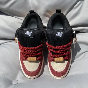Unisex Burgundy Cork Accent Low-Top Sneakers, Retro Skate Shoes for Men & Women, Big Foot Friendly