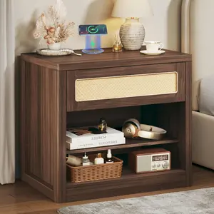 Wide Nightstand, 26" Mid Century Modern Wooden Night Stand, Rustic Bedside Table with Rattan Drawer, Large Side Table with Wireless Charging, Vintage End Table with Storage for Bedroom, Walnut