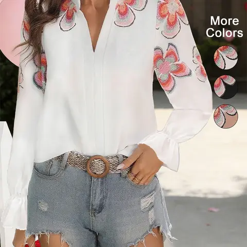 Women's Spring Summer V Neck Bubble Sleeve Ruffle Print Solid Color Shirt, Casual Business Commute Wear, Elegant Floral Pattern, Blouses