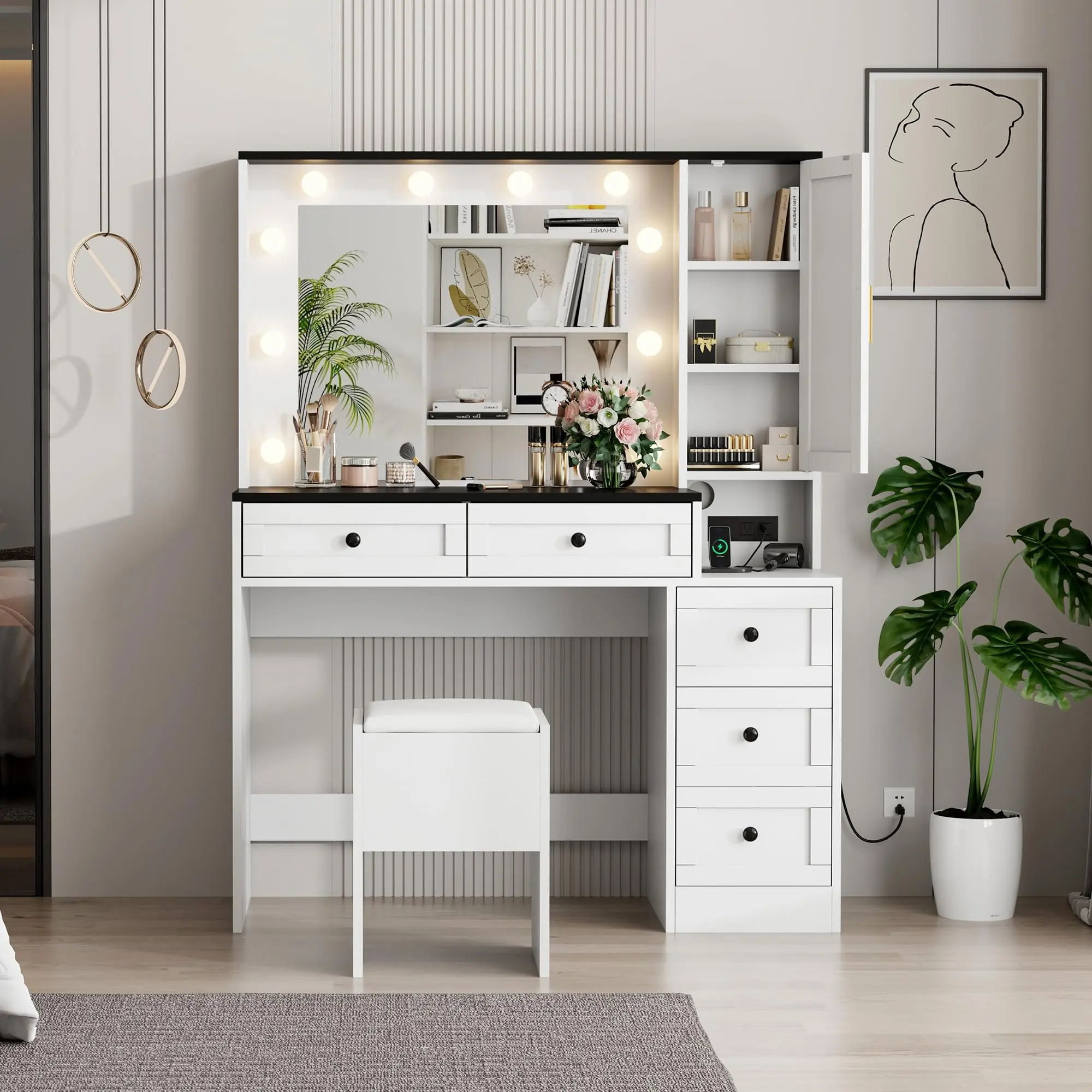 Gaomon Color-Adjustable Wooden Makeup Vanity with LED Lights, Vanity Organizer, Drawer-Equipped Mirror, Cushioned Stool, White Indoor Dressing Table, Drawer-Equipped Makeup Vanities