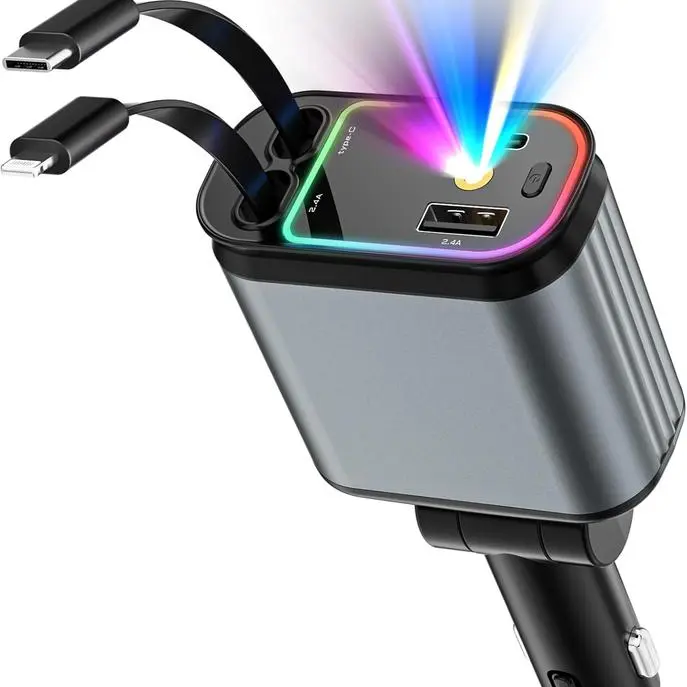 4 in 1 Retractable Car Charger with Starry Sky Light Fast Charging Adapter for iPhone & Android Anti-Tangle Cable Dual Ports 66W Power Output Universal Compatibility Starry Night LED Car Charger