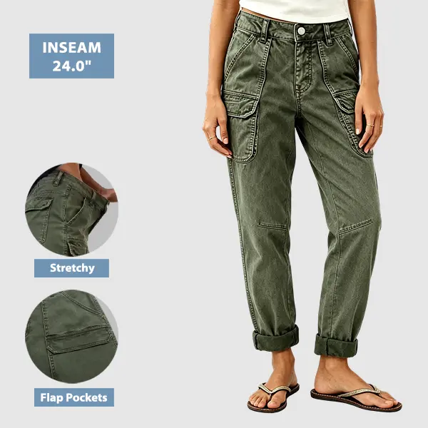 Flamingals Roll Hem Flap Pocket Studded Mid Waist Straight Leg Crop Pants Stretchy 24'' Inseam