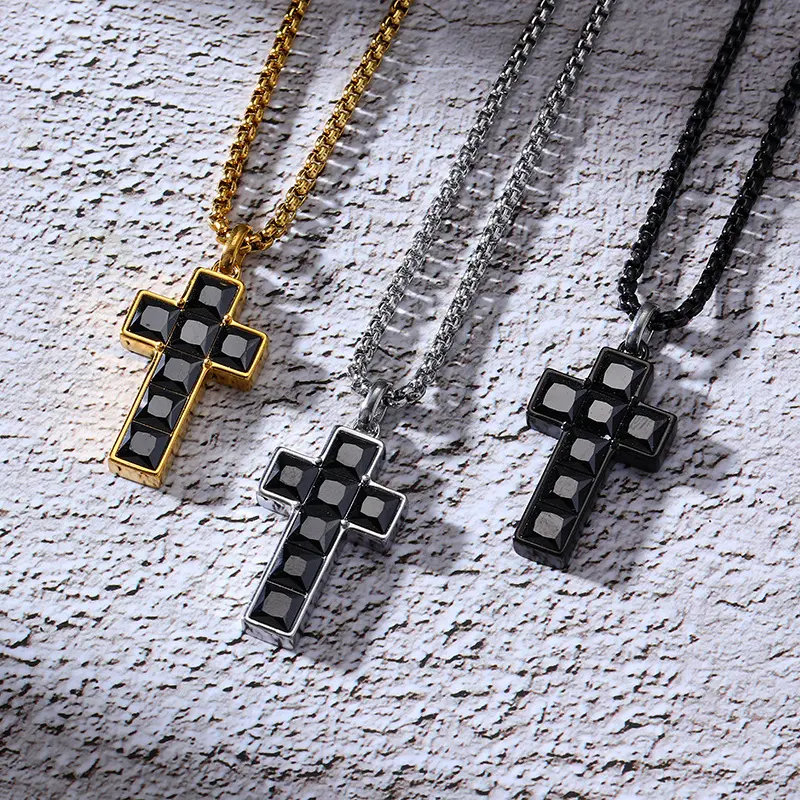 Cross Necklace in Gold, Silver, and Black with Black Accents and Elegant Design Titanium Steel Cross Necklace for Men & Women, Black Gold Silver Cross Pendant Chain, Minimalist Faith Inspired Jewelry, Unisex Couple Gift Necklace