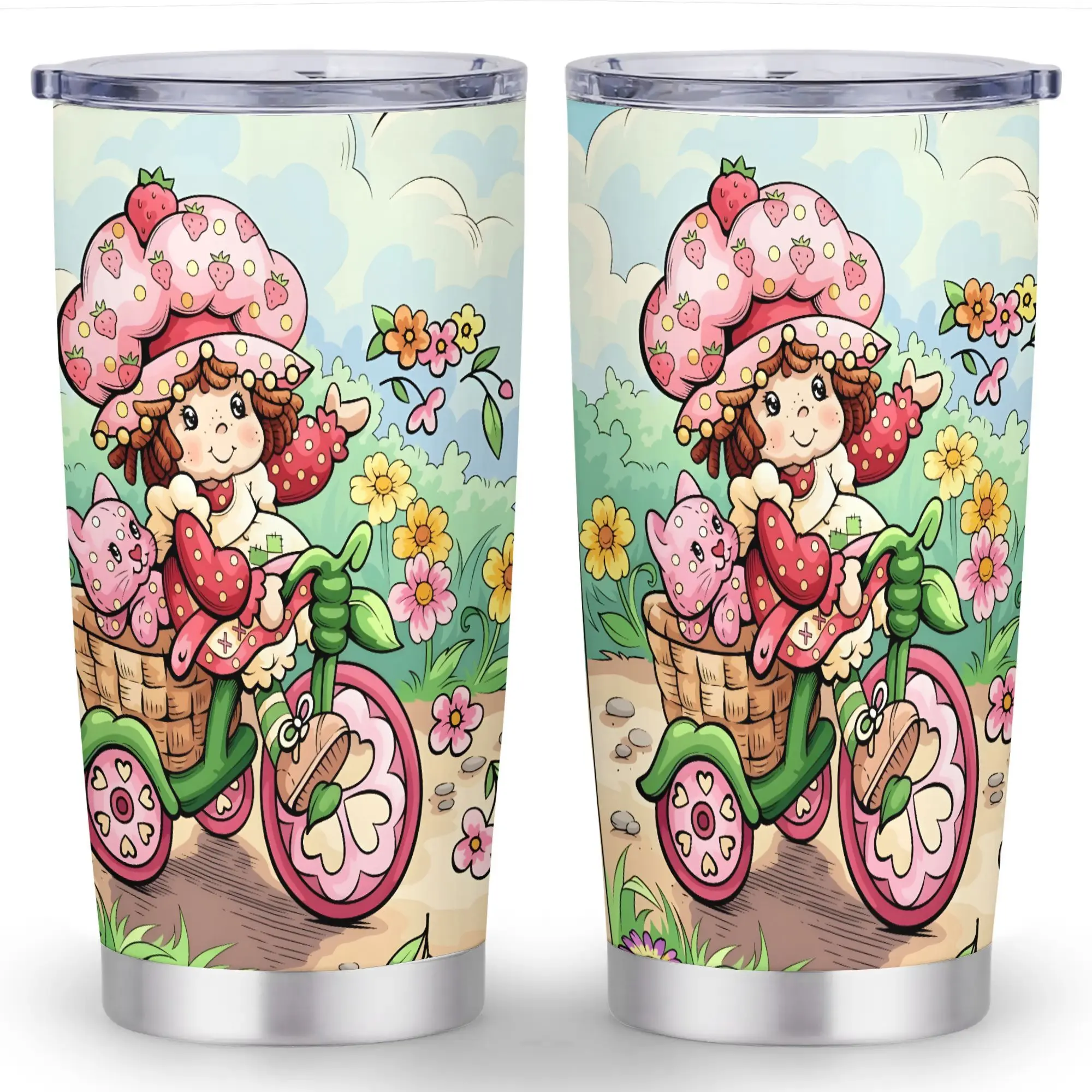 1pc 20oz Classic Strawberry Shortcake Stainless Steel Drinkware Tumbler - Double-Wall Vacuum Insulation, Leak-Proof Lid, BPA-Free, Portable Bottle with Straw, Ideal Gift for Halloween, Christmas