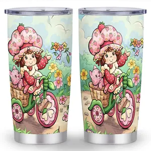 1pc 20oz Strawberry Shortcake Stainless Steel Tumbler with Straw - Double-Wall Vacuum Insulated, Leak-Proof Lid , BPA-Free, Ideal Gift for Halloween, Christmas, Thanksgiving, New Year