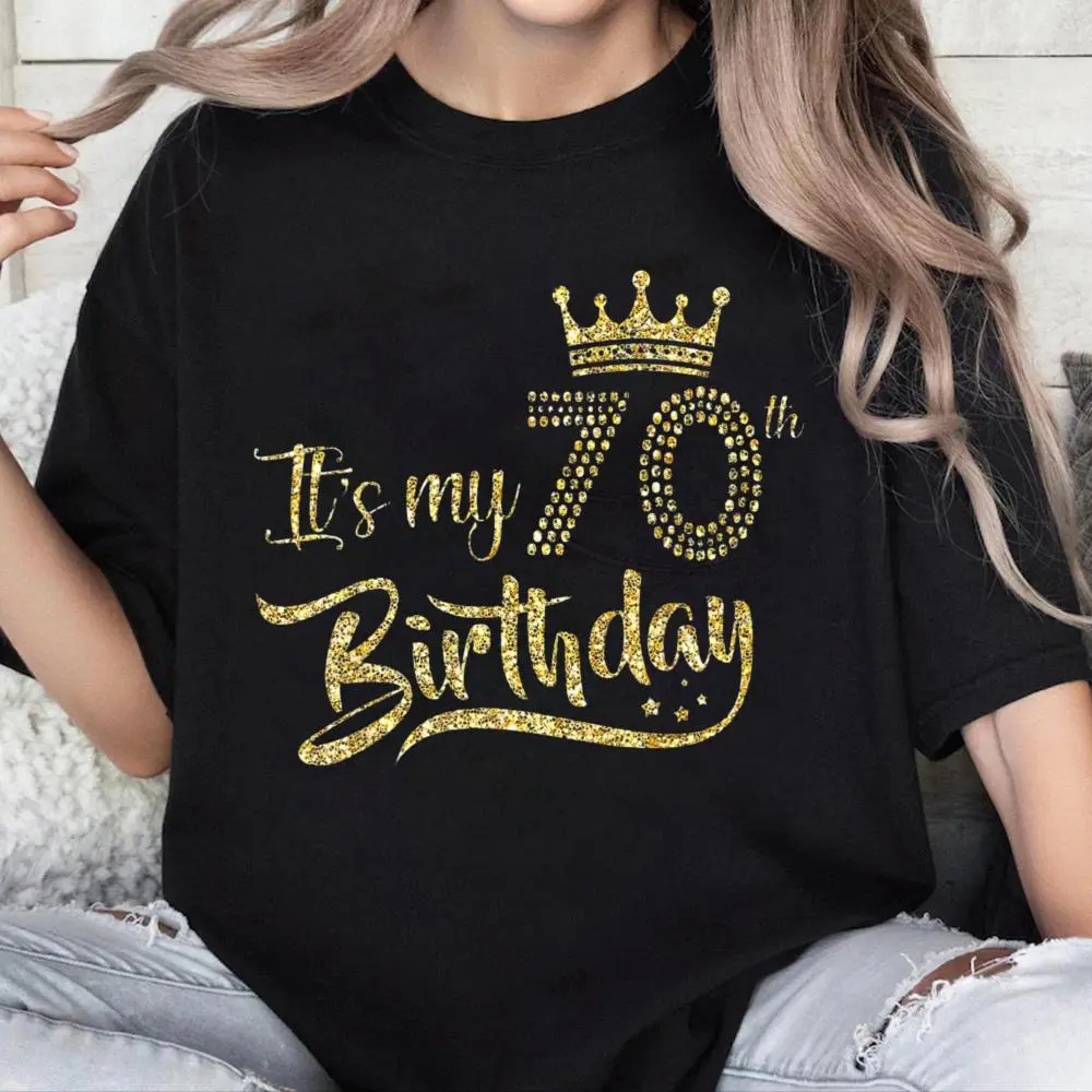 Women's 100% Cotton Short-Sleeve Casual Everyday Graphic T-Shirt, 70th Birthday Crown Lady Queen Apparel, Shortsleeve, Round Neck, Top, Tshirt, Vintage, Tops, Birthday Theme, Short Sleeves, Playful, Crew Neck