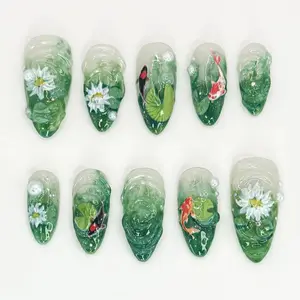 Nature Koi Fish Press On Nails | Realistic Pond & Fish Nail Design | Natural Landscape Nail Art | Custom Hand-Painted Green Nails