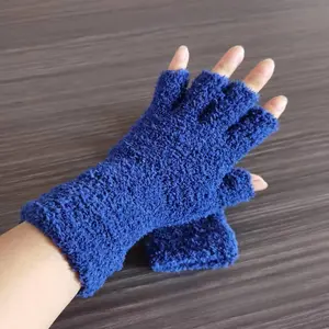 Pure Color Long Wrist Coral Fleece Fingerless Gloves, Autumn Winter Knitted Warm Half-Finger Mitts for Men and Women