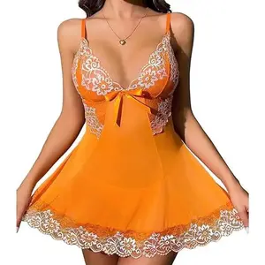 Women's Contrast Lace Cami Nightdress with Thong - Elegant Romantic Sleepwear Set, Comfortable All-Season Loungewear & Pajamas babydoll