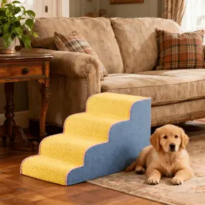 4-Tier Orthopedic Dog Stairs for High Beds | Memory Foam Pet Steps with Washable Cover | Foldable Anti-Slip Couch Ramp for Senior Dogs & Cats (Yellow/Blue)