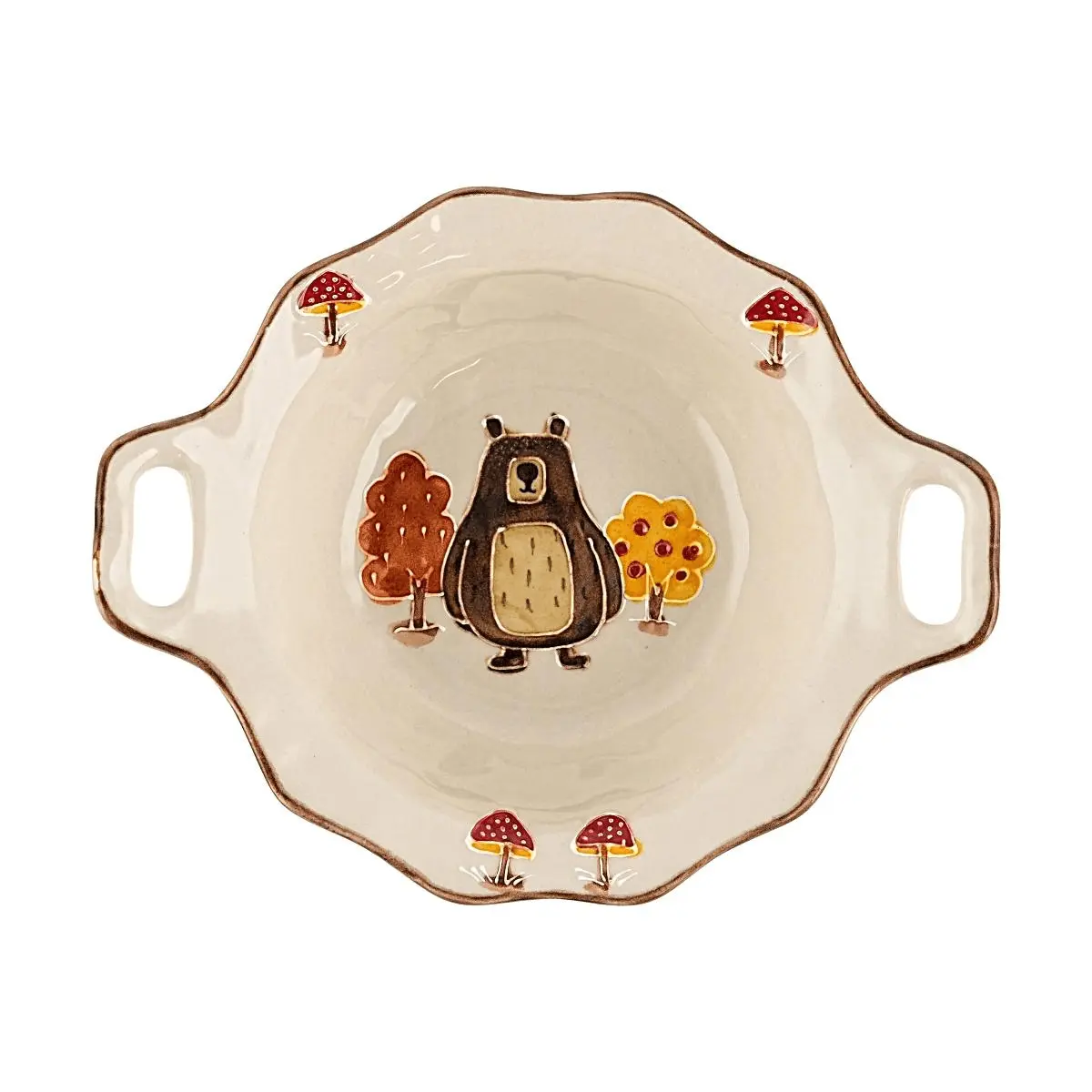 GLAZE STORY Bear Forest Ceramic Double-Handle Bowl - 8.75in Large Ceramic Tableware Bowl for Home Kitchen Dining, Cute Cartoon Design, Large Ceramic Bowls