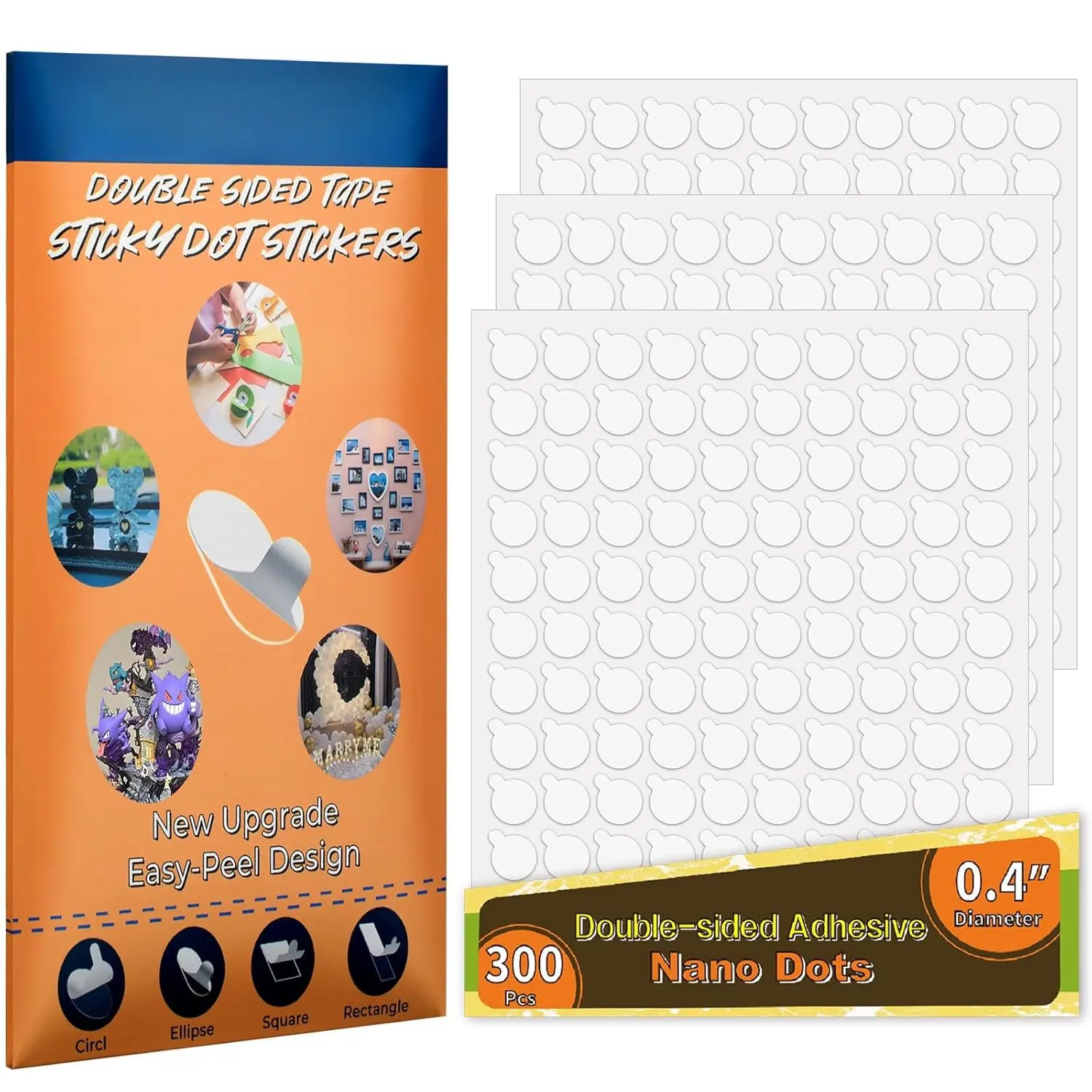 300 count Double Sided Adhesive Dots, Removable Clear Dots Sticky Tack,  No Trace Dots Adhesive Putty for Wall Hanging Crafts, Balloons Party Decorations Poster Picture Festival Decoration 10mm