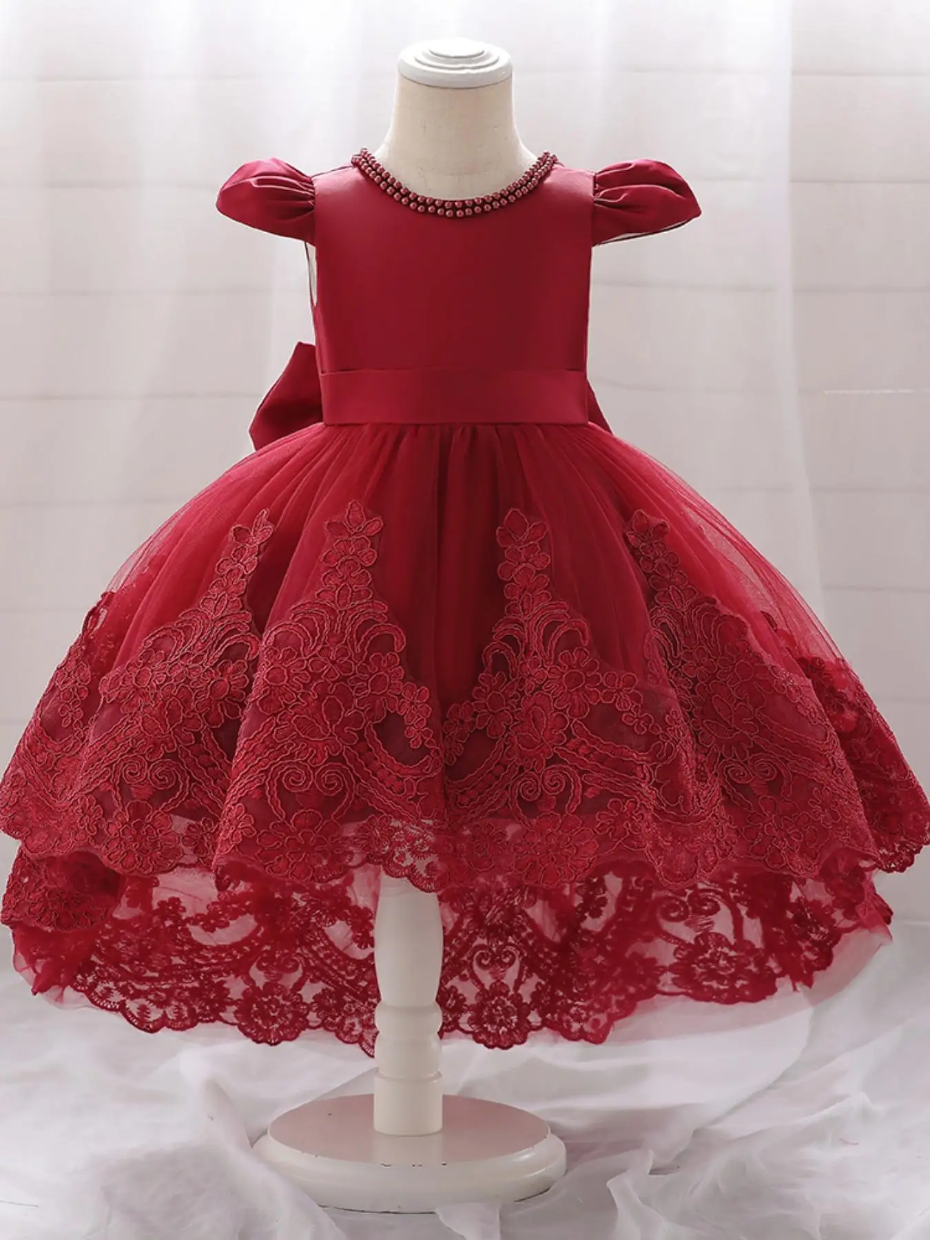 Girl's Appliques Big Bow Decor Party Dress, Elegant High Low Hem Satin Dress for Party Performance Wedding Guest, Kids Clothes for All Seasons