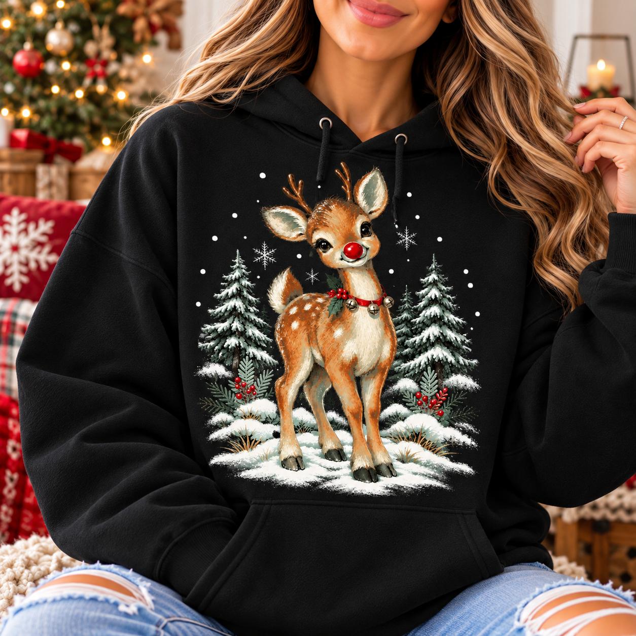 Christmas Reindeer Shirt for Women, Cute Rudolph Deer Christmas Tee, Winter Wonderland Shirt, Holiday Reindeer Top, Christmas Gift for Her