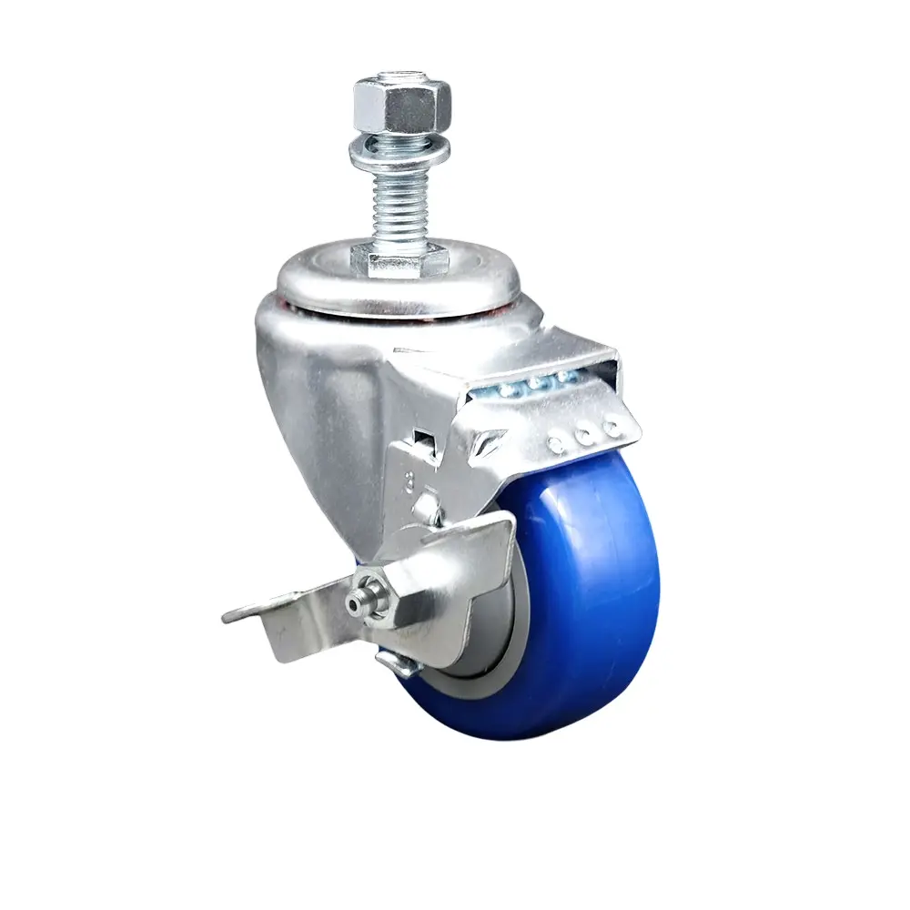 Service Caster SCC-TS20S3514-PPUB-BLUE-TLB-M1215 Polyurethane Swivel Threaded Stem Caster - 3.5 x 1.25 in. Non-Marring Blue Wheel, 12 mm Stem, Top Locking Brake, Ball Bearing Design, 300 lbs Capacity for Material Handling Carts & Equipment, 3.5 X 1.25 In.