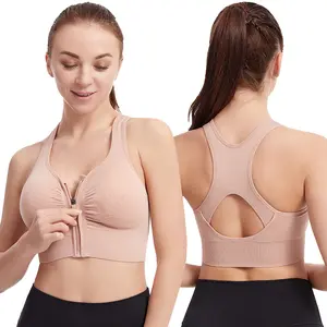 Shockproof gathering large size running yoga fitness sports bra hollow back front zipper sports underwear women