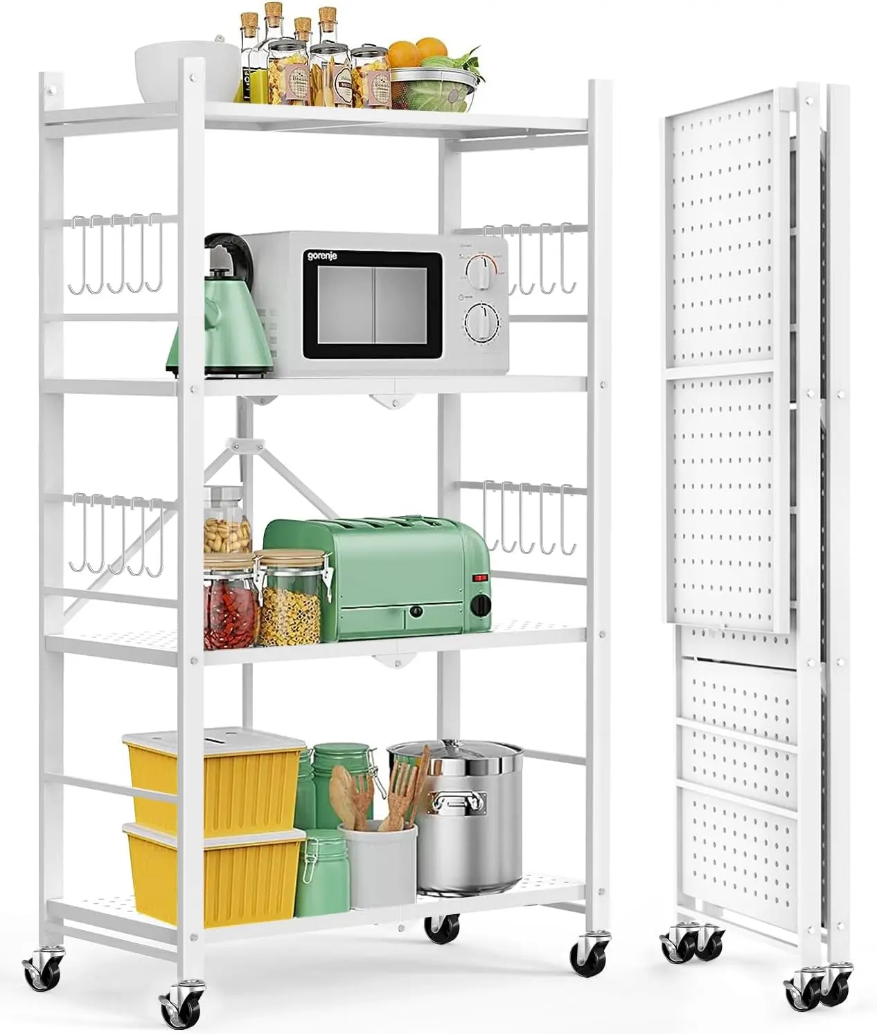 Storage Shelves with 20 Hooks, 4-Tier Foldable Shelves for Storage, Folding Shelf Unit Pantry Shelves with Wheels, Metal Shelving Storage Rack Shelf for Kitchen Garage , White - No Assembly