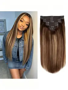 8-Piece Clip-In Human Hair Extensions - Designed for Women - 18-clip system with 4/27 subtle highlights, natural-looking hair extensions add volume and highlight effects, clip-in hair extension accessories.